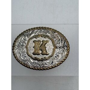 Crumrine Letter K Western Engraved Oval Belt Buckle USA Silverplate Gold Accent